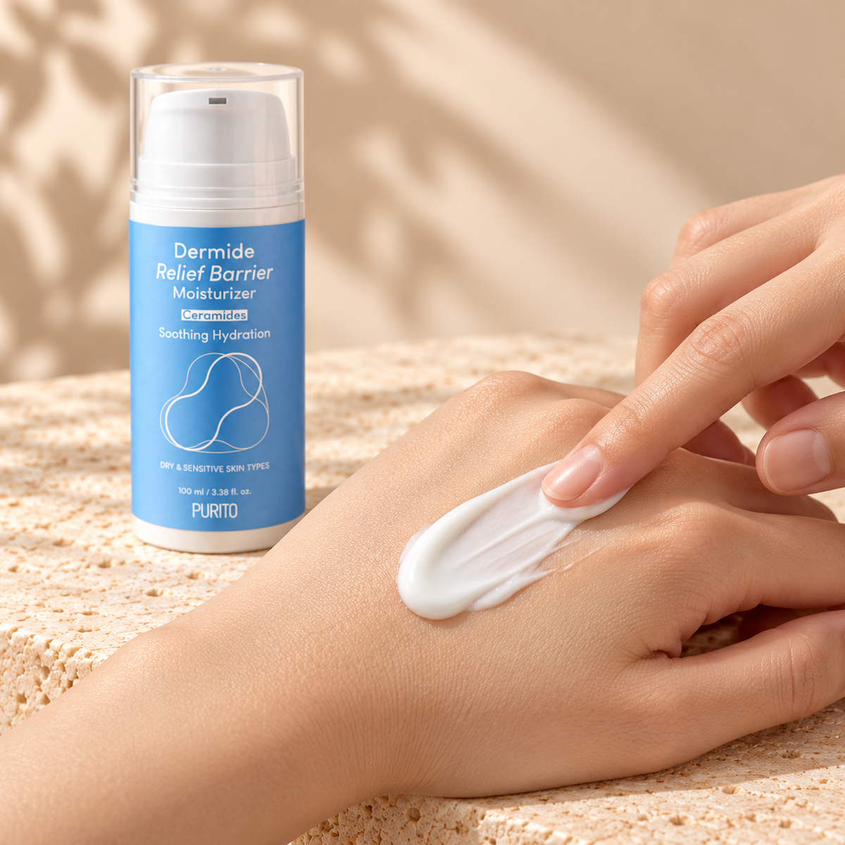 PURITO Dermide Relief Barrier Moisturizer 100ml cream application on hand