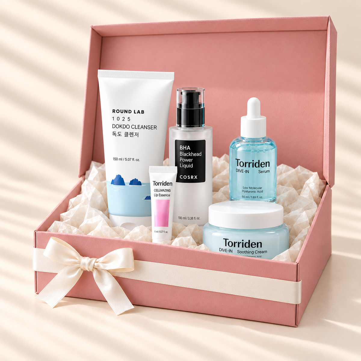 AERI BEAUTY Clear & Calm Full gift box in blush pink with five skincare products
