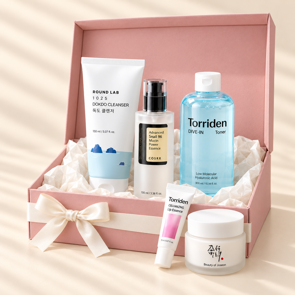 AERI BEAUTY Glow Starter Full gift box in blush pink with five skincare products