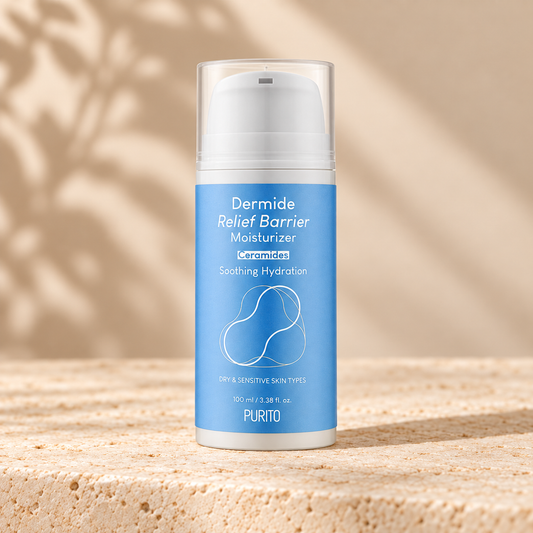 PURITO Dermide Relief Barrier Moisturizer 100ml on a warm beige background