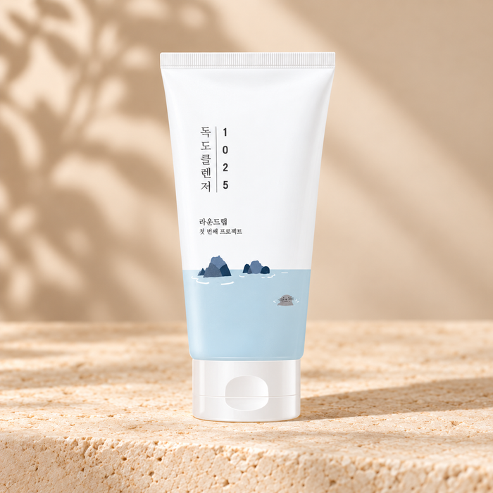 ROUND LAB 1025 Dokdo Cleanser 150ml on a warm beige background